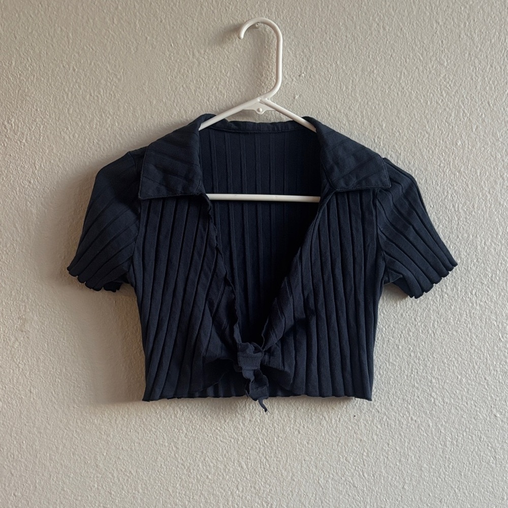 Amazon Navy Blue Ribbed Tie-Front Top
